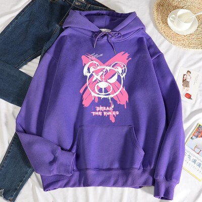 Break The Rules X Doodle Bear nyomtatás Női pulóverek Divat Alkalmi kapucnis pulóver Hip Hop S-Xxl kapucnis őszi polár meleg sportruházat