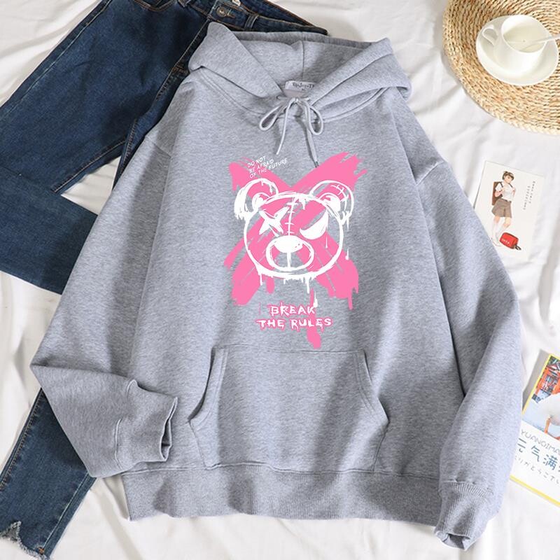 Break The Rules X Doodle Bear nyomtatás Női pulóverek Divat Alkalmi kapucnis pulóver Hip Hop S-Xxl kapucnis őszi polár meleg sportruházat