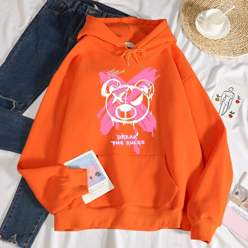 Break The Rules X Doodle Bear nyomtatás Női pulóverek Divat Alkalmi kapucnis pulóver Hip Hop S-Xxl kapucnis őszi polár meleg sportruházat