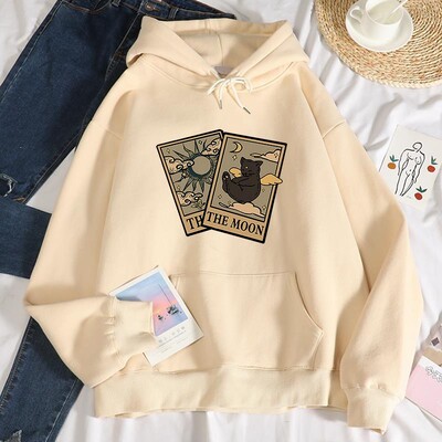 Ženska modna majica s kapuljačom od mekanog flisa s printom tarota medvjeda i mjeseca Jesenske prekomjerne majice široke, ležerne, svestrane, ulične