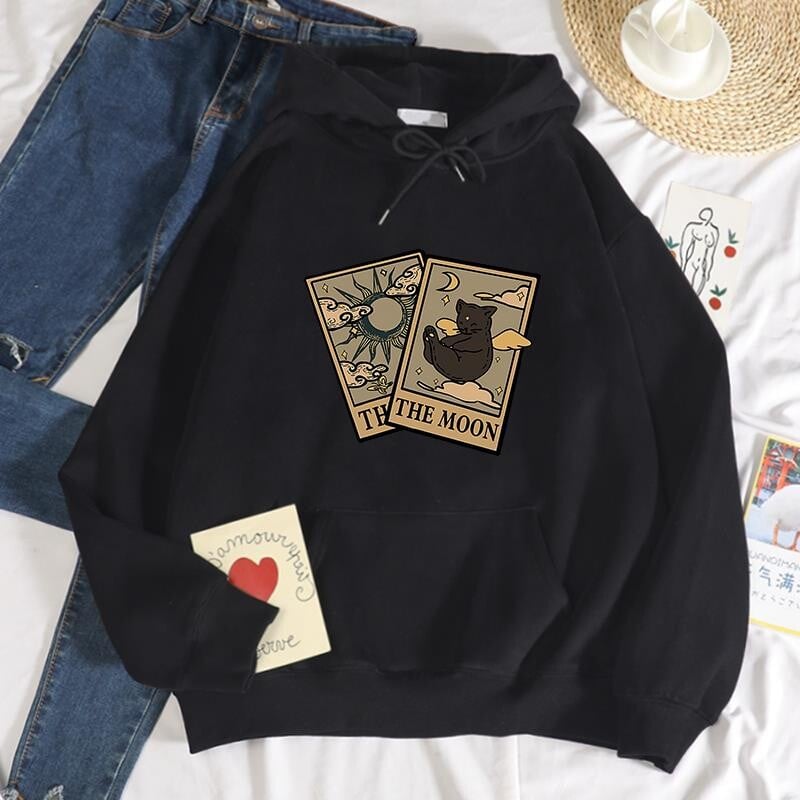 Ženska modna majica s kapuljačom od mekanog flisa s printom tarota medvjeda i mjeseca Jesenske prekomjerne majice široke, ležerne, svestrane, ulične