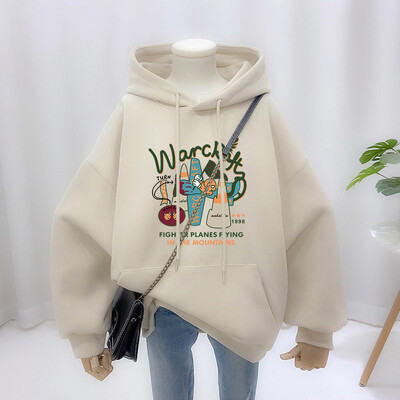 Rudens ziema sieviešu apģērbi Vintage brīvi ikdienas kokvilnas sporta krekli Karikatūra ar apdruku ar O veida kakla izgriezumu Top Puloveri Y2K kabatas kapuces