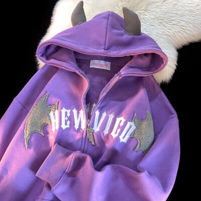 Американски ретро малък дявол бродиран суитчър с цип Дамски Y2K Street Fashion Trend Joker суичър Двойка Ежедневни свободни суичъри с качулка