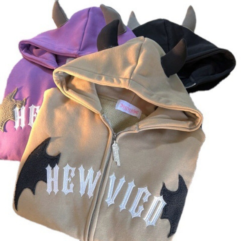 Američki retro mali vrag s izvezenim patentnim zatvaračem hoodie ženski Y2K ulični modni trend Joker dukserica Ležerna slobodna hoodie s kapuljačom