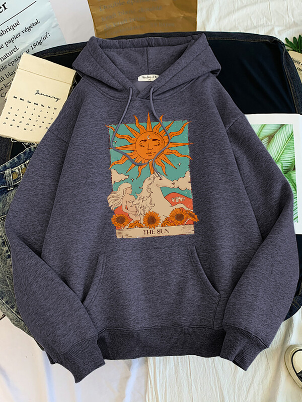 Tarot Card Art The Sun Prints Hanorace pentru femei Moda Casual Cămașă sport oversize Hanorace Lângă caldă Îmbrăcăminte pentru femei
