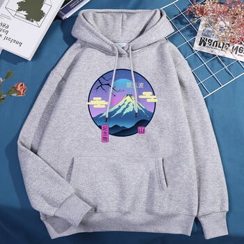 Японски Harajuku Sakura Mount Fuji Мъже Жени Hoody Fashion Fleece Hoodies Есенен пуловер Суичър Сладък Streetwear с О-образно деколте