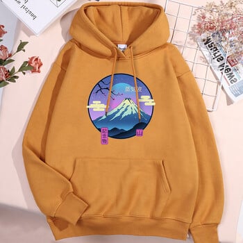 Японски Harajuku Sakura Mount Fuji Мъже Жени Hoody Fashion Fleece Hoodies Есенен пуловер Суичър Сладък Streetwear с О-образно деколте