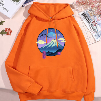 Японски Harajuku Sakura Mount Fuji Мъже Жени Hoody Fashion Fleece Hoodies Есенен пуловер Суичър Сладък Streetwear с О-образно деколте