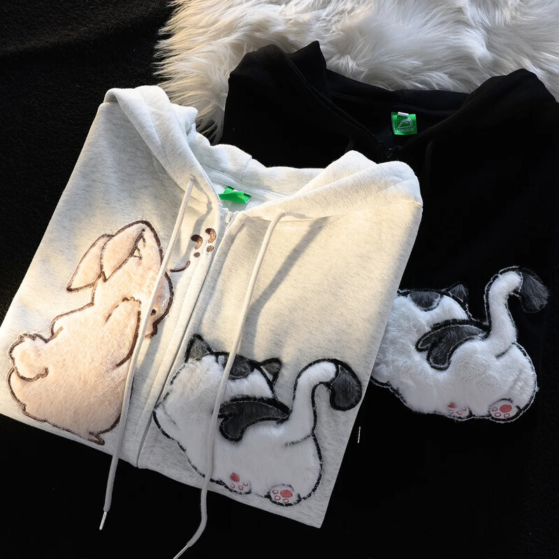 Vintage stílusú felsőkategóriás rajzfilm hímzéses női pulóver, bő szabású karcsúsító, plusz méretű kapucnis felső