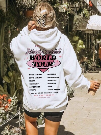 Jesus Chirst World Tour Letter Graphic Print Суитшърт Дамски есенен суичър с мека качулка Проста топла качулка Street Oversize пуловери