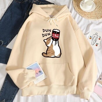 Dun Dun Salary Increase Funny Cat Printing Hoodies Дамски есенни суичъри с качулка Oversize Simple Fleece Sweatshirts Street S-Xxl Hoody