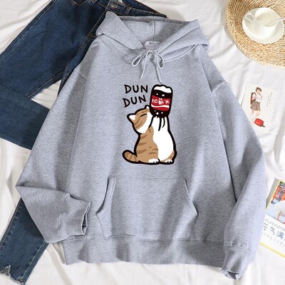 Dun Dun Salary Increase Funny Cat Printing Hoodies Дамски есенни суичъри с качулка Oversize Simple Fleece Sweatshirts Street S-Xxl Hoody