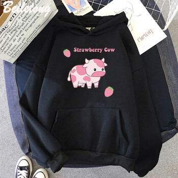 Γυναικεία φούτερ με κουκούλα Cow And Strawberry Kawaii Casual Pullover Plus Size Φούτερ Φθινόπωρο Χειμώνας Ζεστό κορίτσι Streetwear Ρούχα τοπ