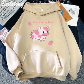 Γυναικεία φούτερ με κουκούλα Cow And Strawberry Kawaii Casual Pullover Plus Size Φούτερ Φθινόπωρο Χειμώνας Ζεστό κορίτσι Streetwear Ρούχα τοπ