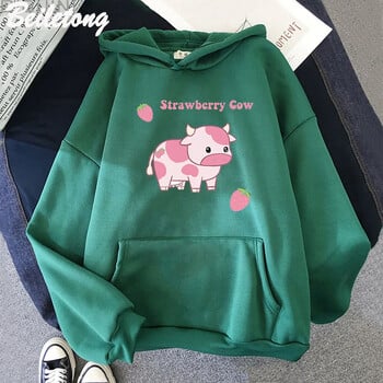 Γυναικεία φούτερ με κουκούλα Cow And Strawberry Kawaii Casual Pullover Plus Size Φούτερ Φθινόπωρο Χειμώνας Ζεστό κορίτσι Streetwear Ρούχα τοπ