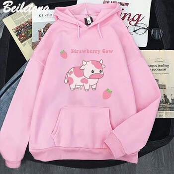 Γυναικεία φούτερ με κουκούλα Cow And Strawberry Kawaii Casual Pullover Plus Size Φούτερ Φθινόπωρο Χειμώνας Ζεστό κορίτσι Streetwear Ρούχα τοπ