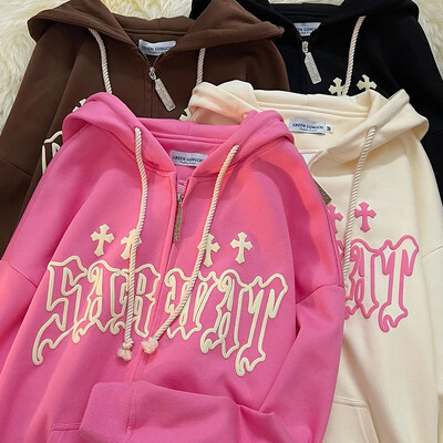 Дамски качулки High Street Harajuku Ретро хип-хоп суичър с цип Свободен суичър Дрехи Горещи разпродажби Модно яке с качулка Палто Y2K