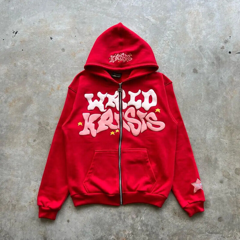 Glugă din spumă roz cu fermoar pentru bărbați și femei, îmbrăcăminte casual Harajuku, clasic european și american, largi, Y2K, 2024