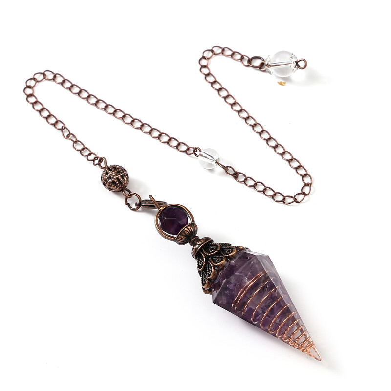 Ametist, cuarț trandafir, pandantiv natural, pietriș de culoare, rășină, piatră prețioasă, con hexagonal, pendul, bijuterii transfrontaliere