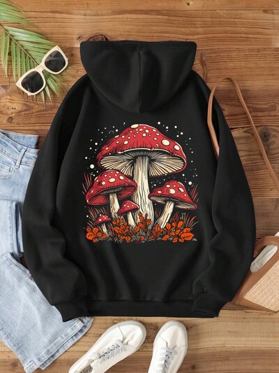 Червена гъба Personality Graphic Hoody за жени Harajuku Ежедневен суичър Моден полар с качулка Есенни топли дамски топове S-XXL