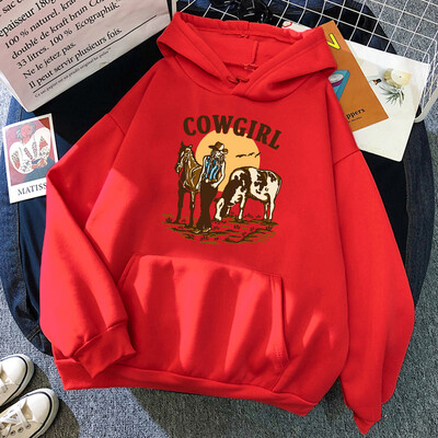 Cowgirl un viņas govs un zirgs dzīvo Rietumos Hoody Woman Hip Hop Street Hoodies Crewneck Kabatas drēbes Brīvs džemperis