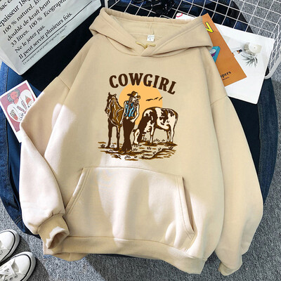 Cowgirl un viņas govs un zirgs dzīvo Rietumos Hoody Woman Hip Hop Street Hoodies Crewneck Kabatas drēbes Brīvs džemperis