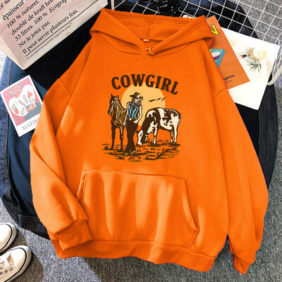 Cowgirl un viņas govs un zirgs dzīvo Rietumos Hoody Woman Hip Hop Street Hoodies Crewneck Kabatas drēbes Brīvs džemperis