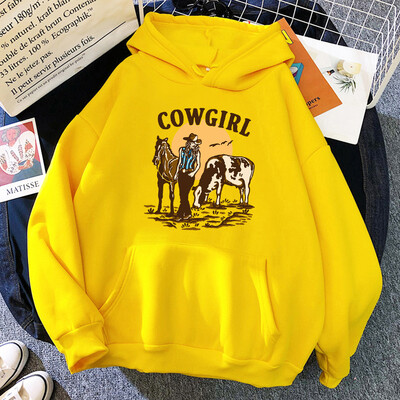 Cowgirl un viņas govs un zirgs dzīvo Rietumos Hoody Woman Hip Hop Street Hoodies Crewneck Kabatas drēbes Brīvs džemperis