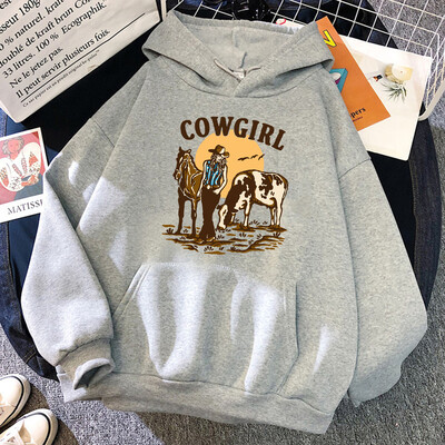 Kaubojka i njezina krava i konj žive na zapadu Ženska majica s kapuljačom Hip Hop Street Hoodies Odjeća s dugim orezom i džepom Široki pulover