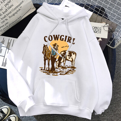 Cowgirl un viņas govs un zirgs dzīvo Rietumos Hoody Woman Hip Hop Street Hoodies Crewneck Kabatas drēbes Brīvs džemperis