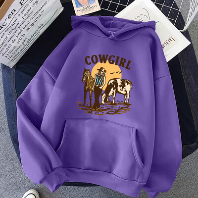 Cowgirl un viņas govs un zirgs dzīvo Rietumos Hoody Woman Hip Hop Street Hoodies Crewneck Kabatas drēbes Brīvs džemperis