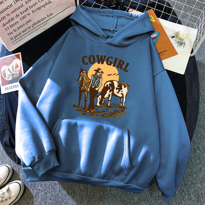 Cowgirl un viņas govs un zirgs dzīvo Rietumos Hoody Woman Hip Hop Street Hoodies Crewneck Kabatas drēbes Brīvs džemperis