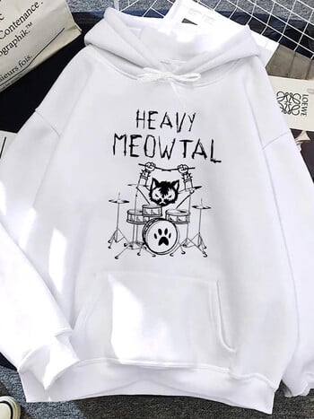 Heavy Meowtal Cat Metal Music Графични суичъри с качулка Дамски идеи за подарък Смешно улично облекло за собственик на домашни любимци Най-новите печатни модни дамски горнища