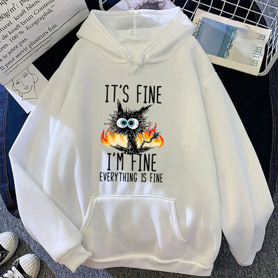 Dámske mikiny s kapucňou Hot Cat Its Fine It Fine Everything Is Fine s potlačou, voľný sveter s kapucňou Y2k Vintage sveter s kapucňou Streetwear