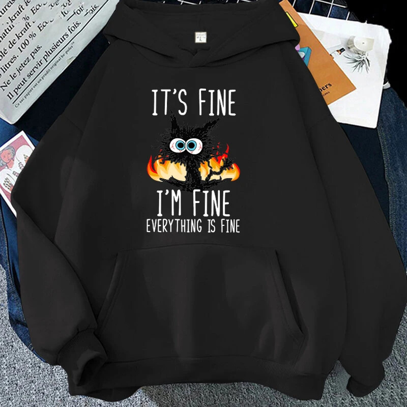 Dámske mikiny s kapucňou Hot Cat Its Fine It Fine Everything Is Fine s potlačou, voľný sveter s kapucňou Y2k Vintage sveter s kapucňou Streetwear