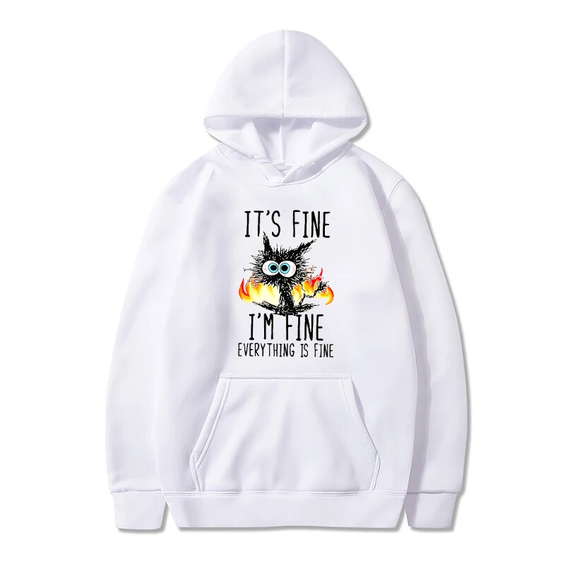 Dámske mikiny s kapucňou Hot Cat Its Fine It Fine Everything Is Fine s potlačou, voľný sveter s kapucňou Y2k Vintage sveter s kapucňou Streetwear