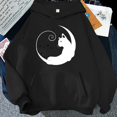 New Moon Cat nyomtatási pulóverek Uniszex Harajuku Hip Hop Streetwear Alkalmi pulóver férfiaknak és nőknek (48 órán belül kiszállítás)