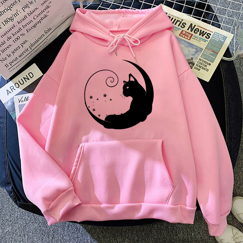 New Moon Cat nyomtatási pulóverek Uniszex Harajuku Hip Hop Streetwear Alkalmi pulóver férfiaknak és nőknek (48 órán belül kiszállítás)