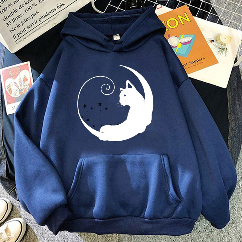 New Moon Cat nyomtatási pulóverek Uniszex Harajuku Hip Hop Streetwear Alkalmi pulóver férfiaknak és nőknek (48 órán belül kiszállítás)
