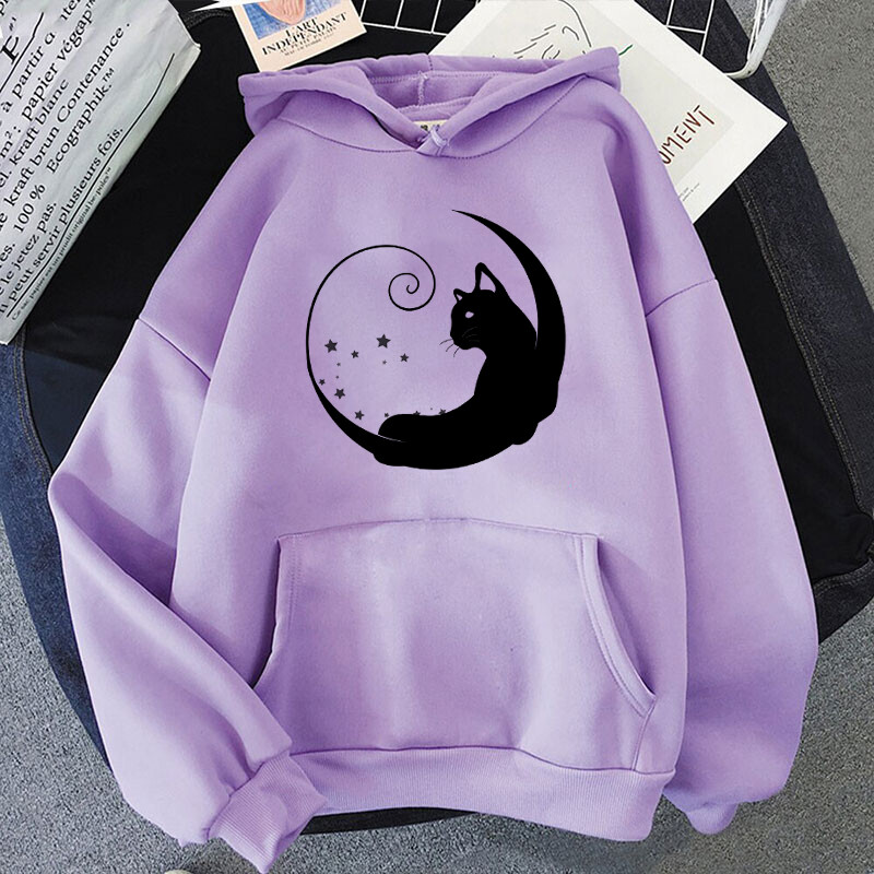New Moon Cat nyomtatási pulóverek Uniszex Harajuku Hip Hop Streetwear Alkalmi pulóver férfiaknak és nőknek (48 órán belül kiszállítás)