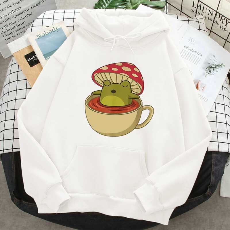 Hanorace cu ciuperci broaște drăguță pentru femei, harajuku amuzant, toamnă iarnă, pentru femei, fleece lângă, hanorace grafice Y2K, îmbrăcăminte pentru femei