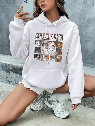 Vicces mémmacskák Rajzfilmek Nyomtatás Női kapucnis Hip Hop Crewneck kapucnis pulóverek Túlméretes polár pulóverek Divat Alkalmi női sportruházat
