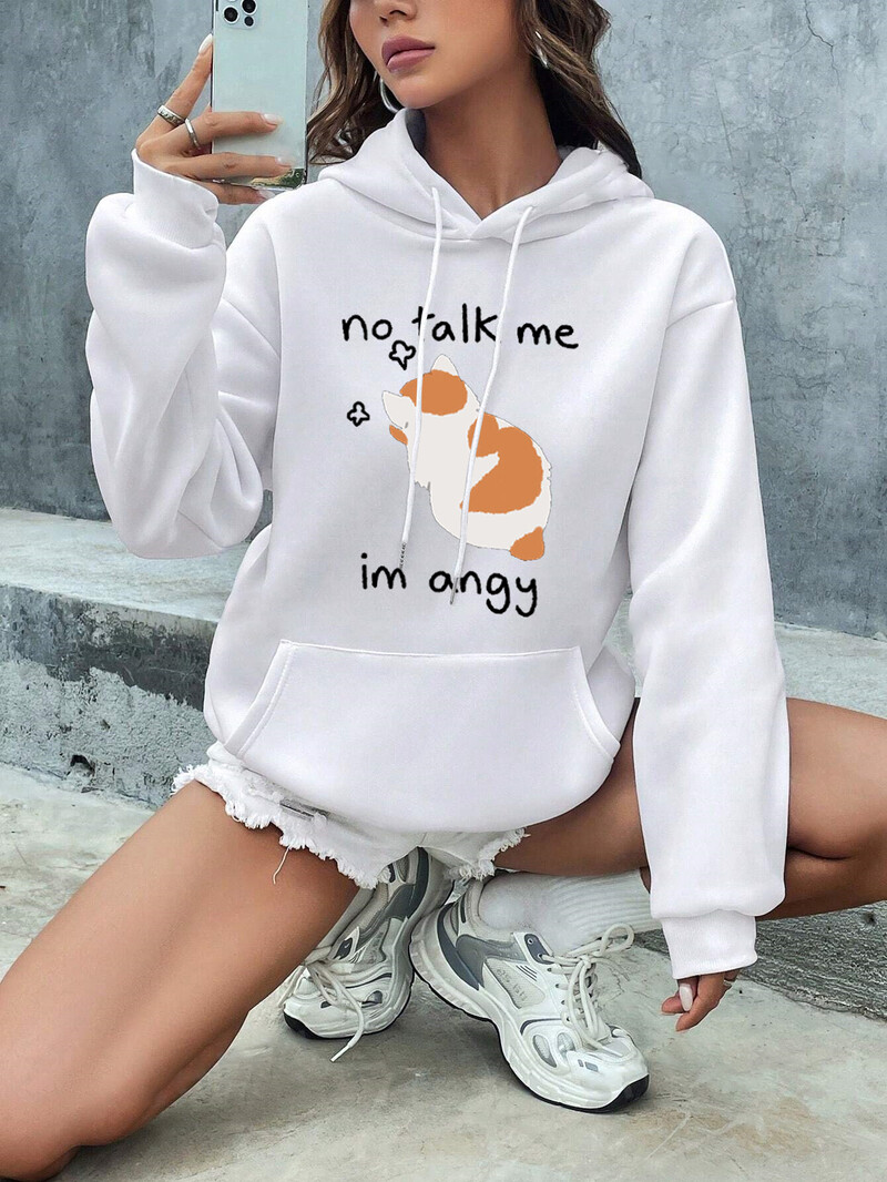 Vicces mémmacskák Rajzfilmek Nyomtatás Női kapucnis Hip Hop Crewneck kapucnis pulóverek Túlméretes polár pulóverek Divat Alkalmi női sportruházat