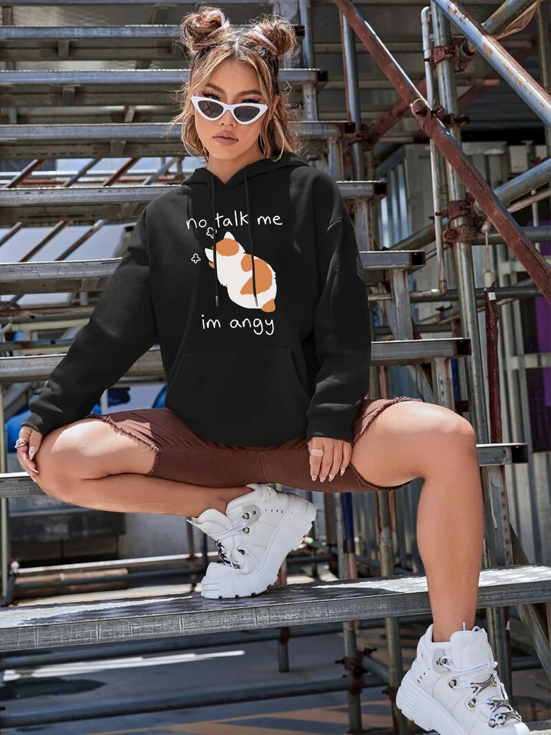 Vicces mémmacskák Rajzfilmek Nyomtatás Női kapucnis Hip Hop Crewneck kapucnis pulóverek Túlméretes polár pulóverek Divat Alkalmi női sportruházat