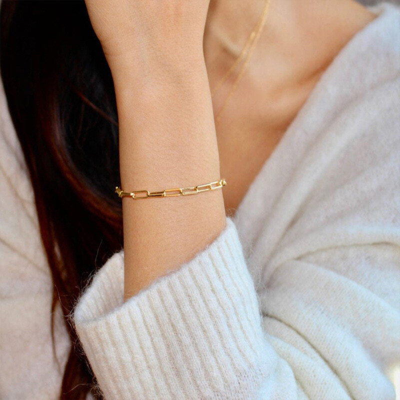 Cross-border square long hammer cross chain bracelet stainless steel gold-plated hollow bracelet European and American bare simple titanium steel chain