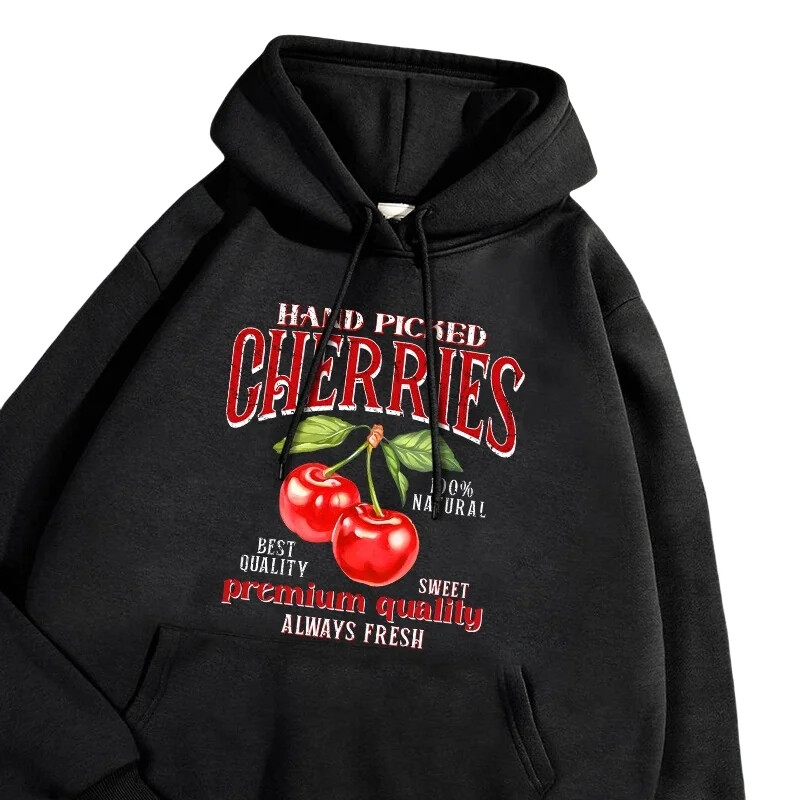 Ikdienas sieviešu kapuces, ar rokām atlasītas ķiršu apdrukas džemperis, mīksts, elpojošs, brīvs kabatas pulovers rudens ziemas ielas apģērbs