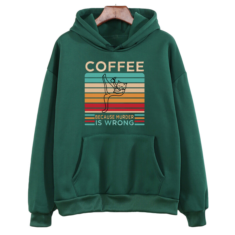 Kafija, jo slepkavība ir nepareiza Kapucis Karikatūra Kaķis Grafiski apdrukāti Džemperi Sievietēm Ikdienas Estētiski Puloveri Flīsa tops