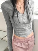 Deeptown Skraćene majice s kapuljačom s dvostrukim patentnim zatvaračem Ženske harajuku stilske seksi majice s kapuljačom s V izrezom Ženske vintage tanke majice dugih rukava