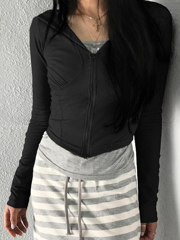 Deeptown Skraćene majice s kapuljačom s dvostrukim patentnim zatvaračem Ženske harajuku stilske seksi majice s kapuljačom s V izrezom Ženske vintage tanke majice dugih rukava