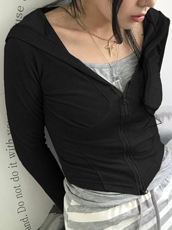 Deeptown Skraćene majice s kapuljačom s dvostrukim patentnim zatvaračem Ženske harajuku stilske seksi majice s kapuljačom s V izrezom Ženske vintage tanke majice dugih rukava